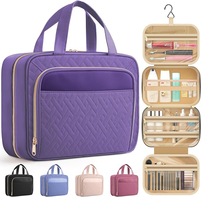 HOTOR Hanging Travel Toiletry Bag Women Men, Dark Purple, Medium | Waterproof Makeup Bag Hanging Hook,Multiple Pockets,Travel Essentials,11.2 x 3.2 x 8.9inches by HOTOR