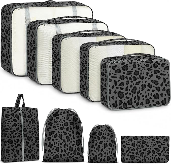 9 Set Packing Cubes for Travel Essentials - Lightweight Carry-On Luggage Organizer Bags with Shoe, Clothes & Laundry Bags for Airplane, Family & Business Travel, Gray leopard print by Unknown