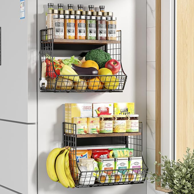 2 Pack Magnetic Shelf for Fridge with Wood Lid, Fruit Potato and Onion Storage Bins, Pantry Organizers and Storage, Strong Magnetic Spice Rack for Refrigerator, Kitchen Counter and Laundry Room by Unknown