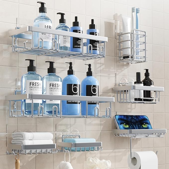 Shower Caddy 7 Pack, Adhesive Bathroom Shower Organizer for Bathroom Storage, No Drilling Large Capacity Rustproof Stainless Steel Shower Shelves Rack for Bath, Silver by Yorshvil
