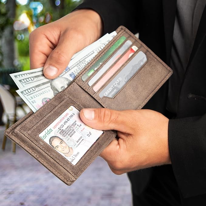 BULL GUARD RFID Mens Bifold Leather Wallet with 2 ID Windows Premium Security Full Grain Leather High Capacity Credit Card Wallet - Image 5