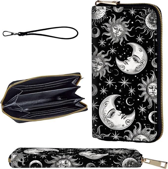 Wallet,Leather Long Wallet Suitable For Ladies And Teenagers - Detachable Wristband + RFID Travel Wallet With Card Slot - Vintage Sun Moon Stars by Unknown
