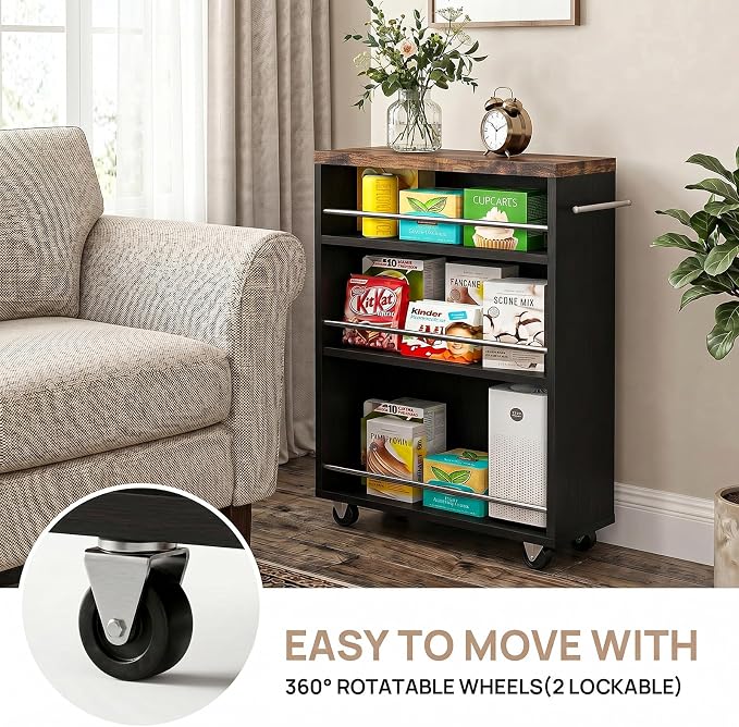 4-Tier Slim Rolling Cart with Wheels, 7.9"W Narrow Storage, Black & Brown | 4 adjustable MDF shelves (20 lbs each), 360° casters + side handle, Fits kitchen, laundry, bathroom & dorm tight gaps - Image 8