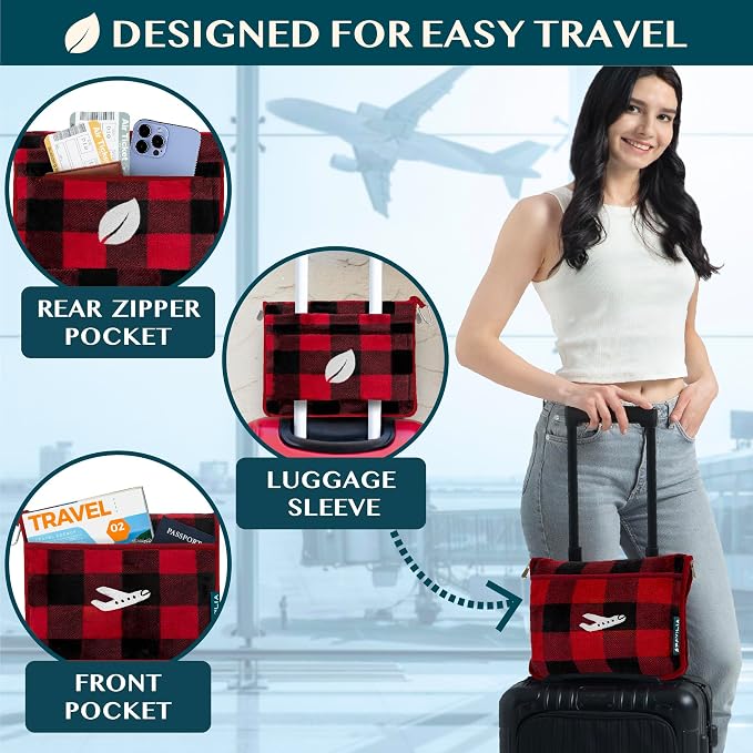 PAVILIA Travel Blanket and Pillow, Soft Ribbed Fleece Airplane, Plaid Red | 65x40, Compact Packable Plane Throw with Bag, Luggage Strap and Back Pocket, Cozy Flight Essentials Travelers Camping Gift - Image 3