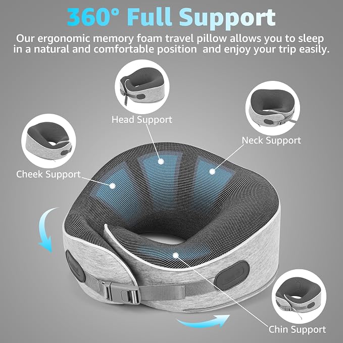 Memory Foam Travel Neck Pillow | Ergonomic 360 Degree Head Support for Airplane, Car and Office Sleeping, with Breathable Cotton Cover and Carry Bag, Gray-1 - Image 3