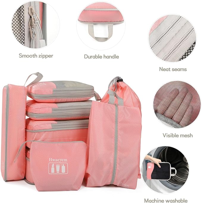 Compression Packing Cubes 8 Set, Dual Zipper Compression Packing Cubes for Travel, See-Through Mesh Packing Bags for Suitcases, Compression Travel Cubes with Shoe Bag (Pink) - Image 8