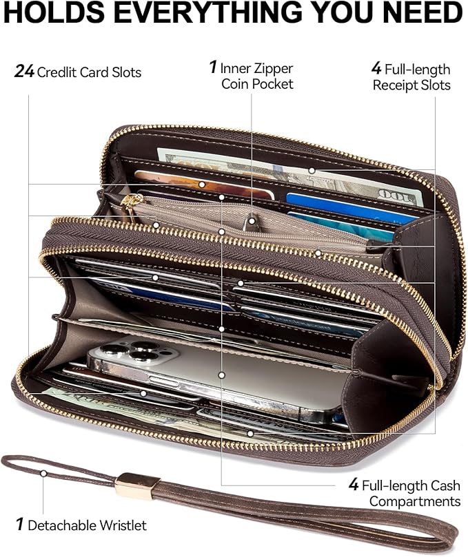 BOSTANTEN Wristlet Wallets for Women RFID Large Capacity Clutch Wallet | 24 Card Slots, 2 Zipper Pockets, Phone ＆ Card Holder, Zip Around, Hand Strap, Vegan Leather, Great Gifts - Image 3