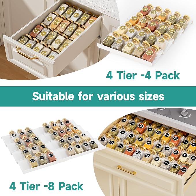 MIUKAA White Spice Drawer Organizer, 4 Tier - 8 Pack Seasoning Organizer for Drawer, Expandable From 13" to 26" Kitchen Drawer Spice Rack (Jars not Included) - Image 3