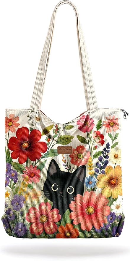 Aesthetic Corduroy Tote Bag with Zipper for Women | Reusable, Fits 14 Inch Laptop, Inner Pocket, double-sided print, Lightweight by VelvetHue