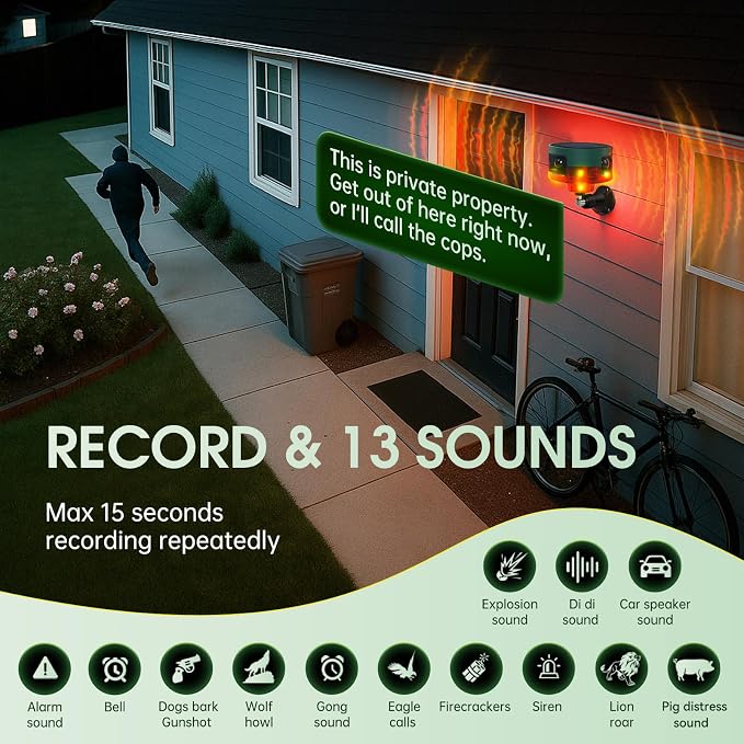 Solar Outdoor Motion Sensor Alarm, 130dB Dog Barking & Gunshot Sound, 13 Sounds, Strobe Light, Support Recording & Volume Control, Keeps Unwanted Animals Away from Yard, Garden, or Farm - Image 6