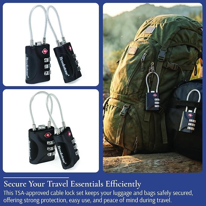 Brookstone Cable Luggage Locks, 2 Pack, TSA Approved, Resettable | 3-Digit Combination Lets You Set Your Own Code, Slim Design Threads Through Zippers or Straps, Great for Bags - Image 4
