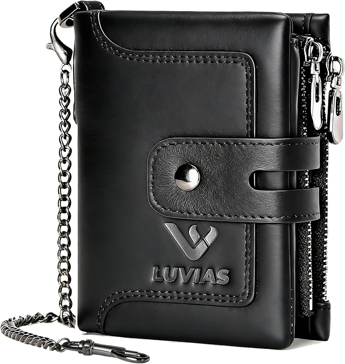 Mens Wallet with Chain Genuine Leather 1 ID Window Purse with RFID Blocking Bifold Double Zipper Coin Pocket by Unknown
