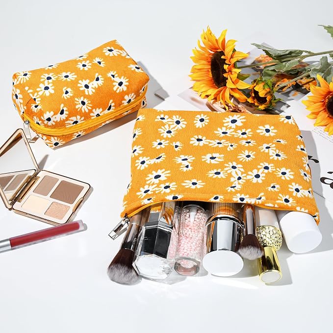 SOIDRAM 2 Pieces Flower Makeup Bag Large Cosmetic Bag Capacity Canvas Mix Travel Toiletry Bag Organizer Cute Makeup Brushes Aesthetic Accessories Storage Bag for Women,Little Flower Mix Yellow - Image 5