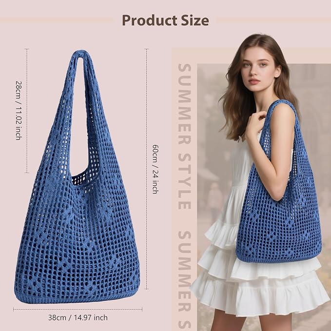 Sightor Crochet Tote Bag, Mesh Beach Bag Knit Summer Hobo Bag for Women | Beach Tote bag Vacation Outfits Aesthetic Boho Bag - Image 2
