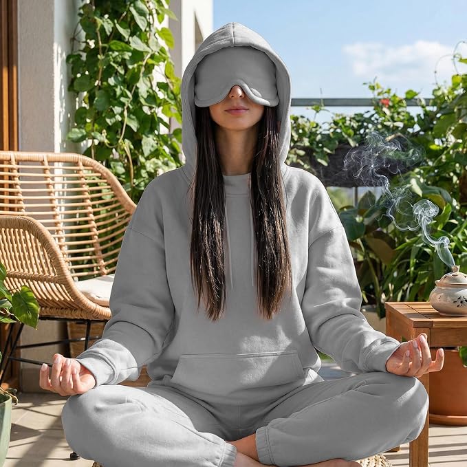 Ainangua Womens Oversized Pullover Essentials Hoodie with Eye Mask Comfor Airplane Mode Travel Office Vacation Sweatshirt (Gray,L) - Image 3