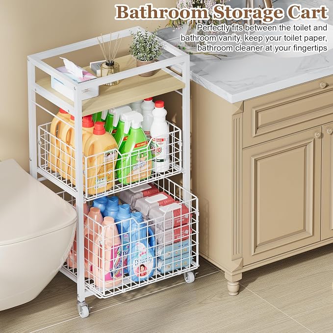 Hongtamoya 3 Tier Laundry Room Cart with Pull-Out Baskets, Storage Cart with Wheels, Rolling Cart with Wood Top Metal Bathroom Laundry Room Organization Mobile Shelf Unit Organizer Trolley, White - Image 8