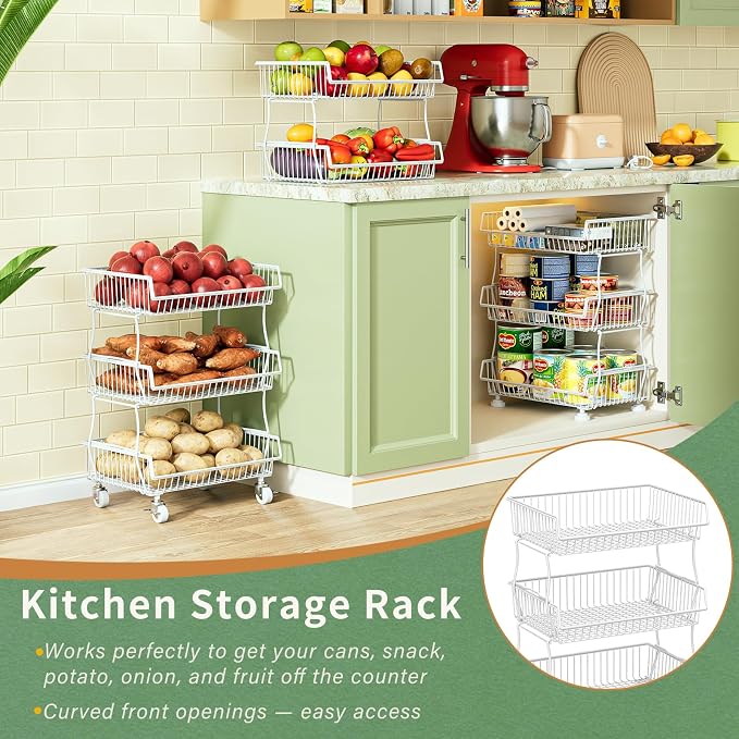 OKZEST Pantry Organizers and Storage Cart with Upgraded Metal Hub Casters | Fits under pantry shelf, Stackable fine-mesh wire baskets, 3-Tier rolling cart holds drink, snack, can, potato, onion, fruit - Image 7