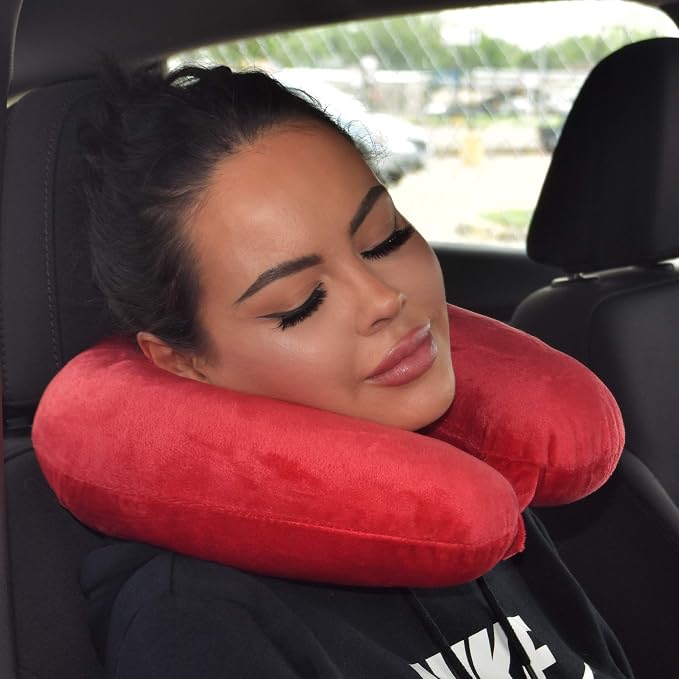 Wolf Essentials Adult Cozy Soft Microfiber Neck Pillow for Travel – Compact, Machine Washable - Perfect for Airplane, Car, or Home Use - Filled and Finished in The USA – Red - Image 6