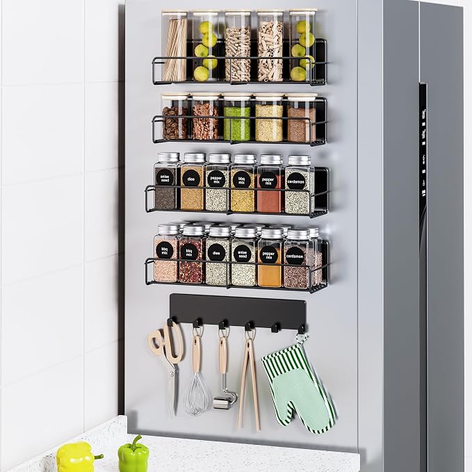 Mystozer 5 Pack Moveable Magnetic Spice Rack Organizer With 6 Hooks for Refrigerator, Metal Fridge Shelf Magnetic Basket for Fridge Kitchen Spice Organizer (Black) by Mystozer