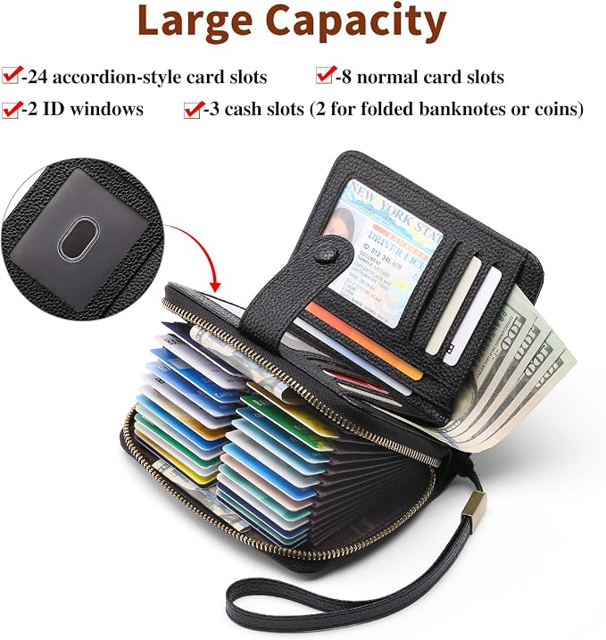 GAEKEAO Leather Credit Card Holder Wallet for Women RFID Blocking Large Capacity Bifold Zipper Card Case Organizer with Wristlet 32 Slots - Image 2