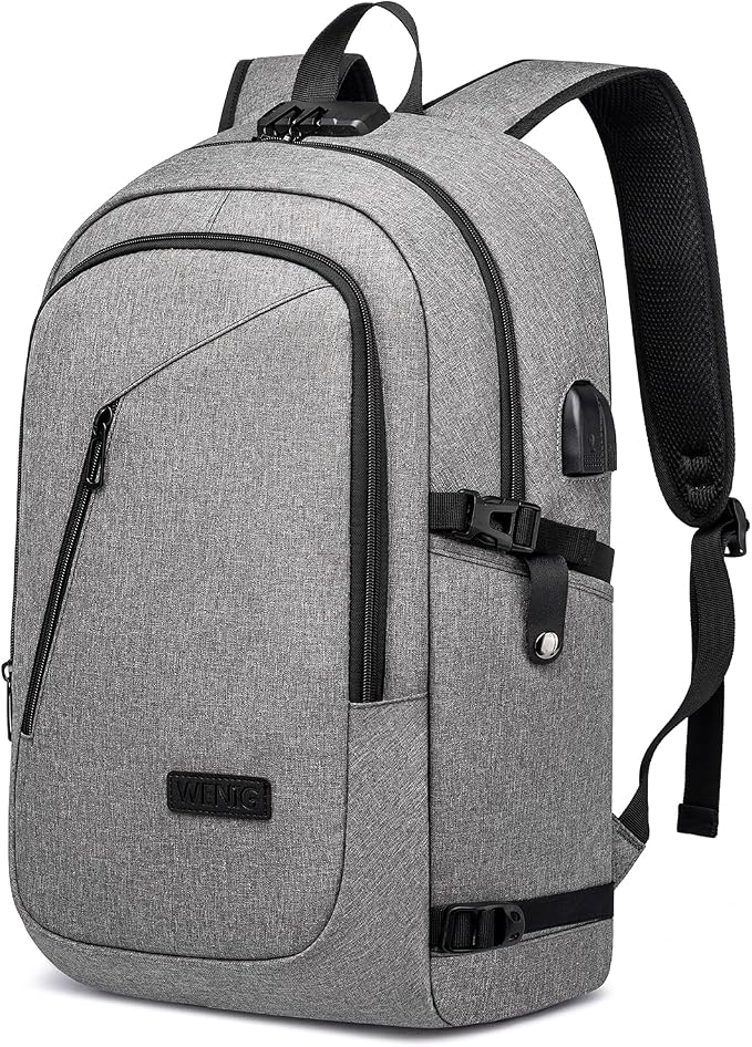 Large Travel Laptop Backpack Water Resistant Anti-Theft 17inch Laptop Bag with USB Charging Port and Lock,Big Business Backpack for Men and Women, Durable Big Capacity Heavy Duty Computer Bag,Grey by WENIG+
