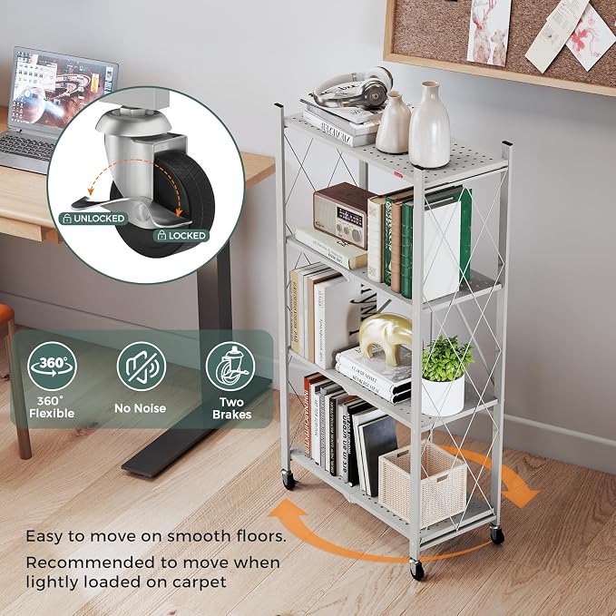 DEANIC 4 Tier Foldable Storage Shelves with Wheels, Large Capacity Shelving Unit, Freestanding Metal Wire Shelf Rack, No Assembly Organizer Rack for Garage Kitchen, Basement, Pantry(Grey Pack of 2) - Image 7