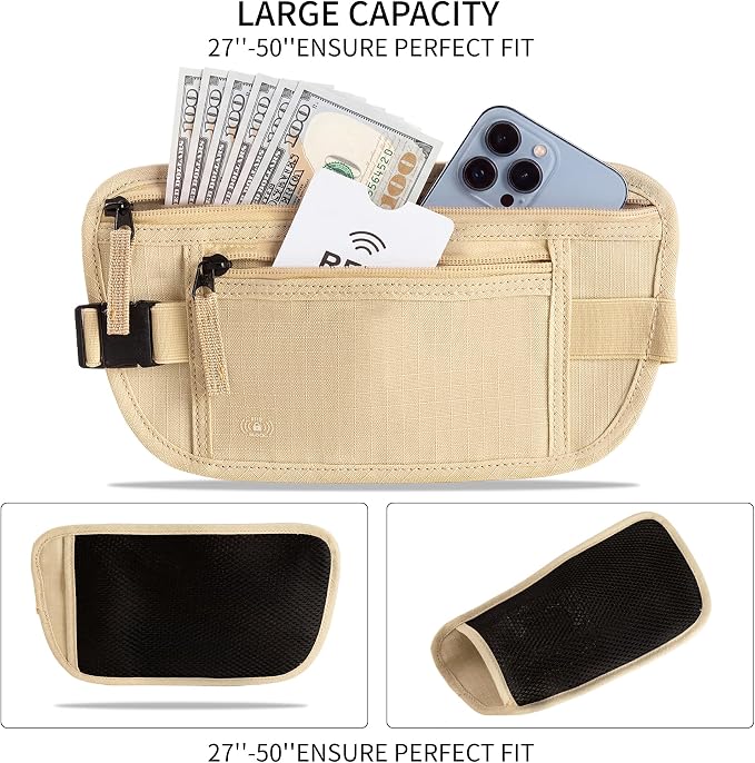 Money Belt for Travel Fanny Pack for Men Hidden Travel Pouch Fanny Pack for Women Hidden Rfid Passport Holder for Travel (Beige) - Image 4
