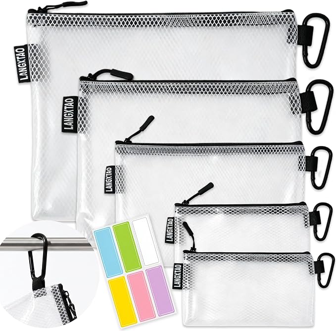 5 Pack Clear Zipper Pouches, Tool & Cable Organizer Waterproof Travel Pouch | Build In Carabiner Clip & Label Sticker, Waterproof Pouch, Mesh Zipper Pouch Bags, Tool Bag, Travel & Tech Pouch, Multi-Size by Unknown