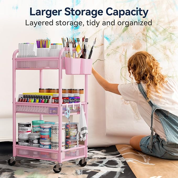 3 Tier Metal Rolling Cart, Pink Utility Storage Cart with Wheels | Metal Mesh Craft Cart With Hooks & Hanging Cups, Ideal For Kitchen, Bathroom, Office, Dorm, Art Workspace, Bedside Storage - Image 5