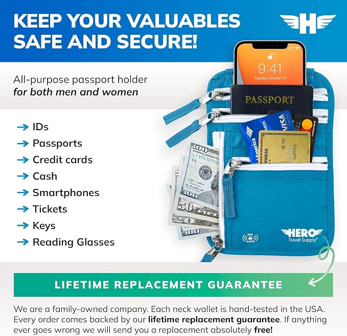 HERO Neck Wallet - RFID Blocking Passport Holder, Easy to Conceal Travel Pouch (Aqua) - Image 3