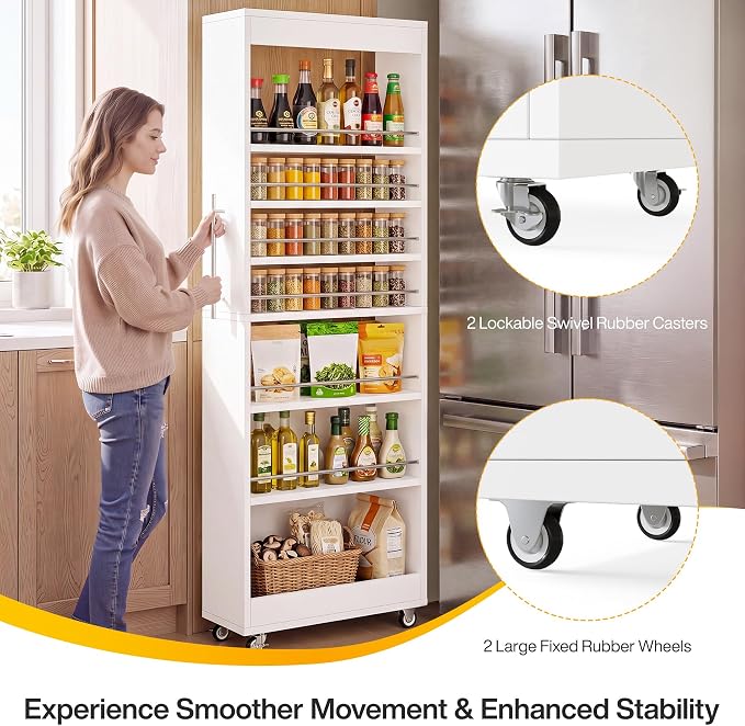 Tribesigns 73" Tall Slim Storage Cart on Rubber Wheels, 7-Tier Narrow Pantry Cabinet, Rolling Skinny Spice Rack Organizer Next to Fridge, Wooden Pull-Out Storage Shelf for Kitchen Small Spaces, White - Image 6