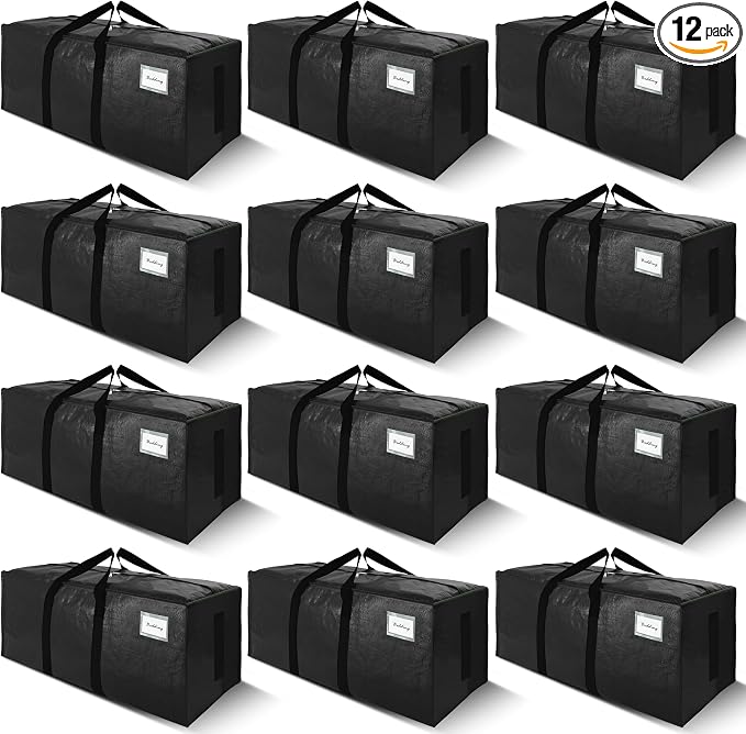 SWEET DOLPHIN 12 Pack 200LB Heavy-Duty Moving Bags with Wrap-Around Handles, Extra Large Storage Totes for Space Saving, Clothes Storage Bags, College Dorm Essentials, Black, 24 Gal by SWEET+DOLPHIN