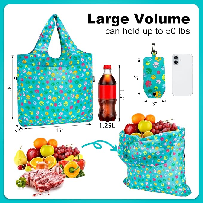 HOLYLUCK Reusable Grocery Bags,Heavy Duty Foldable Shopping Tote Bag (Standard, 3 Green Dog Paw Prints) - Image 3