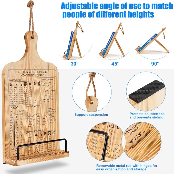 Housejoy Wooden Cookbook Stand for Kitchen: Adjustable Holder with 2 Aprons | Support Suspension&Foldable Easel Holder-Height Adjustable Stand-Measurement Conversion Chart-Ideal for Kitchen Counter - Image 3