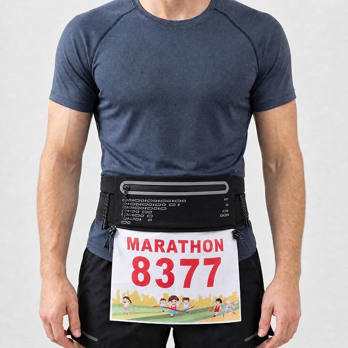 Running Belt Fanny Pack Men Women, Slim No-Bounce Waterproof Phone Holder | Adjustable Elastic Strap Fits 27-43" Hips, Detachable Race Bib Clips, Energy Gel & Sunglasses Loops, 3 IPX4 Pockets - Image 5