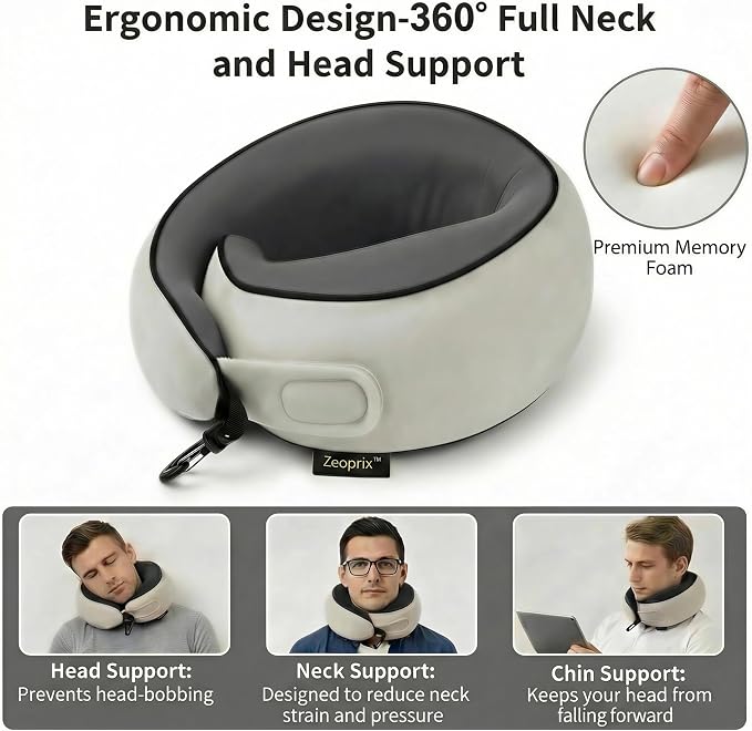 Memory Foam Wrap Around Travel Neck Pillow for Airplane, Light Grey | Travel pillow for airplanes with adjustable 360° neck support, breathable, washable cover, eye mask, earplugs & compact bag - Image 3