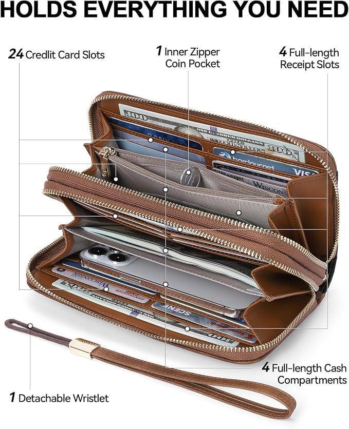 BOSTANTEN Wristlet Wallets for Women RFID Large Capacity Clutch Wallet | 24 Card Slots, 2 Zipper Pockets, Phone ＆ Card Holder, Zip Around, Hand Strap, Vegan Leather, Great Gifts - Image 3