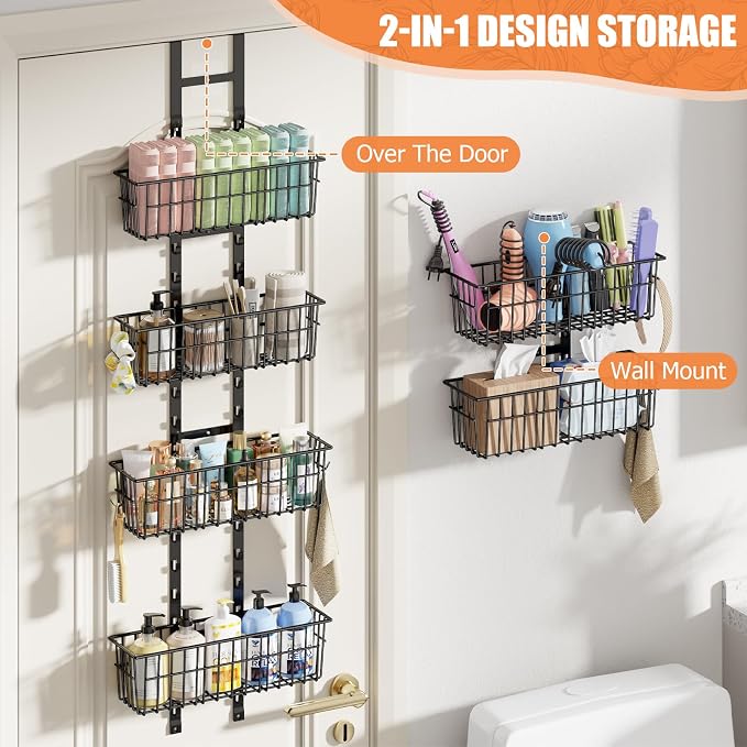 Hongtamoya Over The Door Organizer, Adjustable Hanging Door Organizer with 6 Wire Baskets 5 Hooks, Metal Behind The Door Storage for Pantry Closet Bedroom Bathroom Cabinet Kitchen Laundry Room, Black - Image 4