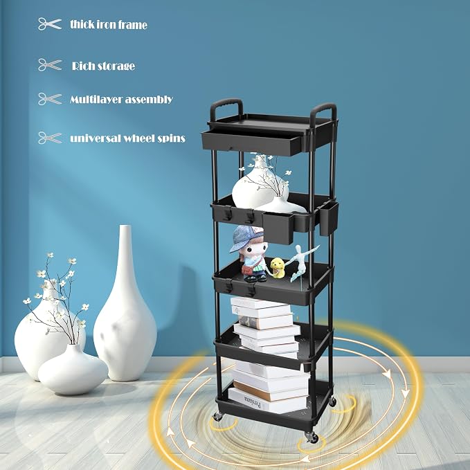 5 Tier Rolling Utility Cart with Drawer,REBECAT Utility Cart Made of Multifunctional Storage Organizer Tool for Kitchen,Bathroom,Living Room,Office(Black) - Image 3