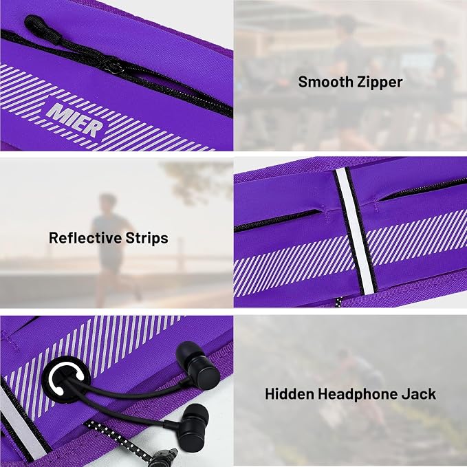 MIER Running Belt for Women & Men, Fanny Pack with Marathon Bib Clip Purple | Slim Adjustable Phone Holder Pouch; Reflective Waist Packs for Running Essentials; Waterproof Zipper Pockets - Image 4