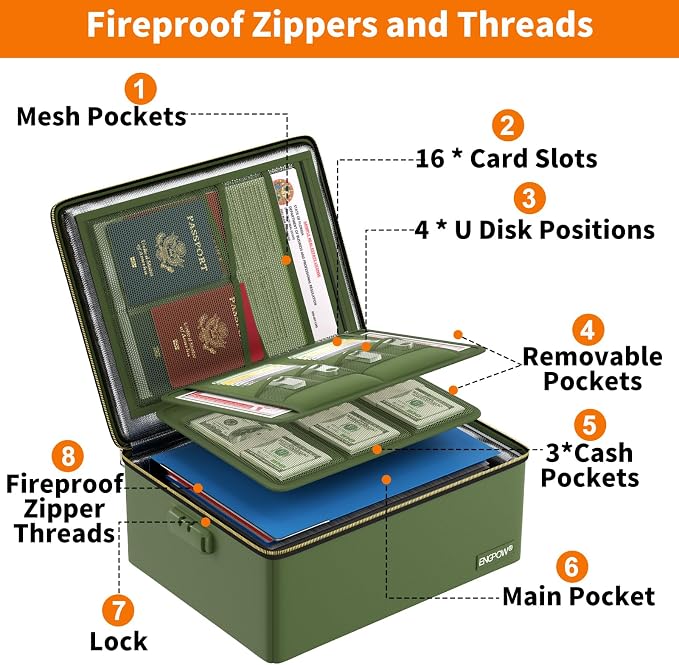 ENGPOW Fireproof Document Box with Lock & Heat-Resistant Fireproof Zipper | 6400°F 12-Layer Fire Protection, Hard File Organizer with Pockets, Portable Home Chest Safe Storage for Money,Jewelry, Green - Image 9