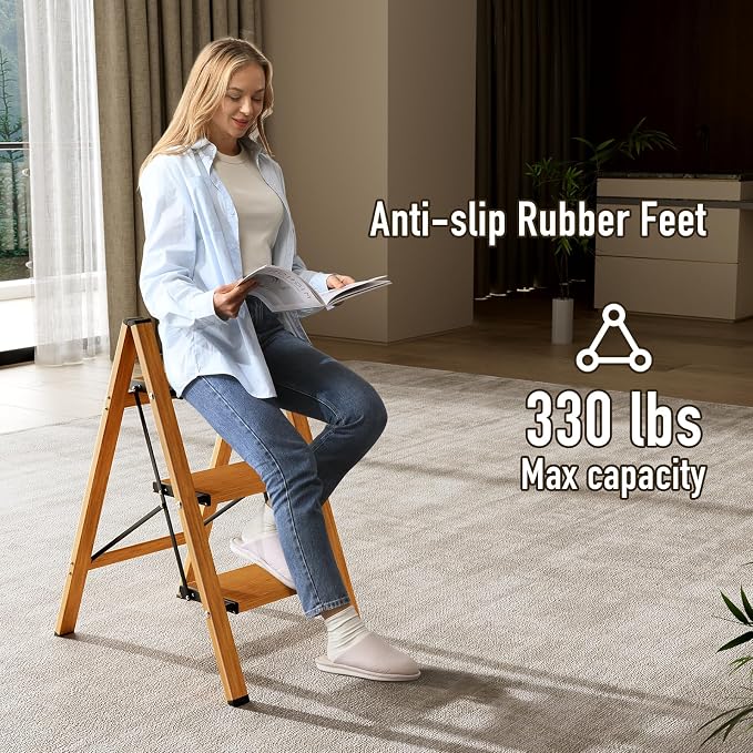 Mayi Plus 3 Step Stool Foldable, Aluminum, Lightweight Step Ladder | Extra-wide anti-slip folding steps with 330 lbs, for home,kitchen,office,outdoor,Woodgrain - Image 4
