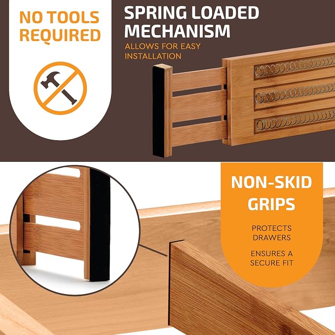 6-Pack Drawer Dividers 6-Inch High Dresser Drawer Organizer 11.5 to 17 Inch | Bamboo, Spring Loaded, No Tools Needed, for Clothes, Utensils, Socks and Deep Drawers in Bedroom, Bathroom, Kitchen, Office - Image 7