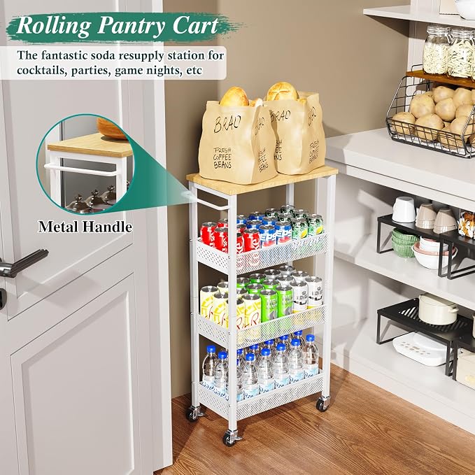 OKZEST 4-Tier Slim Rolling Storage Cart for Laundry Room, Bathroom, Kitchen | Upgraded metal hub casters, Narrow utility cart for small space/gaps, Premium wood top & metal mesh shelf, with handle & hook - Image 7