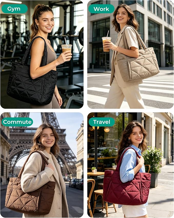 BAGSMART Tote Bag for Women, Puffer Tote Bag with Zipper, Large Quilted Shoulder Bag with Compartments for Travel, Work, Gym - Image 2
