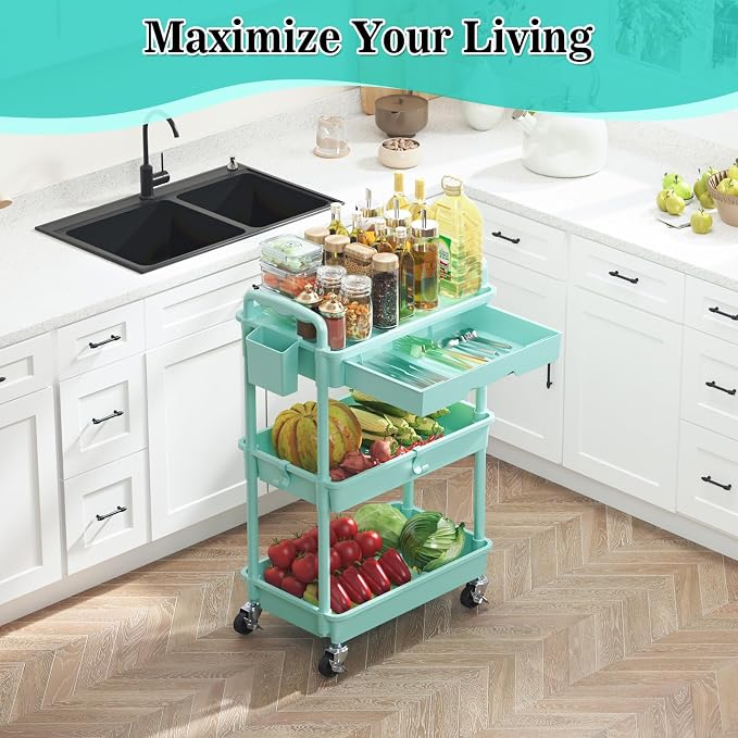 SUNALLY 3 Tier Rolling Cart with Drawer, Craft Storage Cart Organizer, Blue | Bathroom Storage Organizer with 2 Lockable Wheels, Rolling Utility Cart for Kitchen, Office, Baby, Makeup, Nail,Snack,Laundry - Image 6