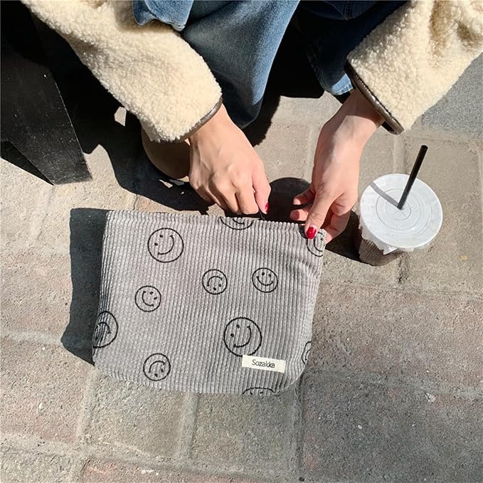 Cosmetic Bags for Women - Corduroy Cosmetic Bag Aesthetic Women Handbags Purses Smile Dots Makeup Organizer Storage Makeup Bag Girls Case Bags (A-Gray) - Image 3