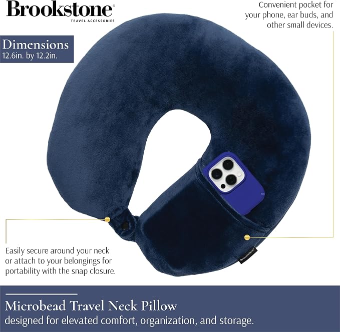 Brookstone Microbead Neck Pillow Soft Travel Pillow with Phone Pocket | Millions of Tiny Beads Flex to Your Shape for Custom Support, Dual-Sided Fleece and Cool Microfiber Sides Suit Any Season - Image 2