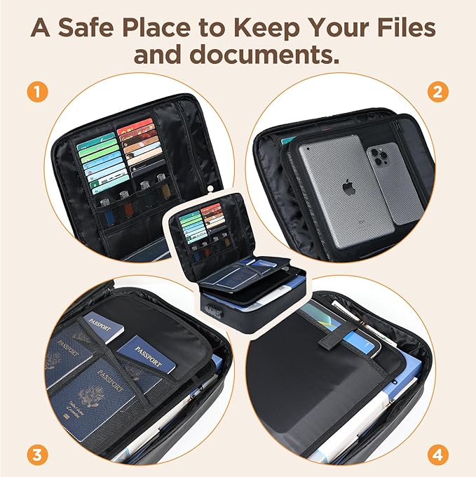 Document Bag with Lock, Fireproof File Storage Case with Water-Resistant, TENKER Organizer Box for Document, Safe Portable Travel Home Organizer for Laptop, Files, Certificates, Black(15''x11''x4'') - Image 5