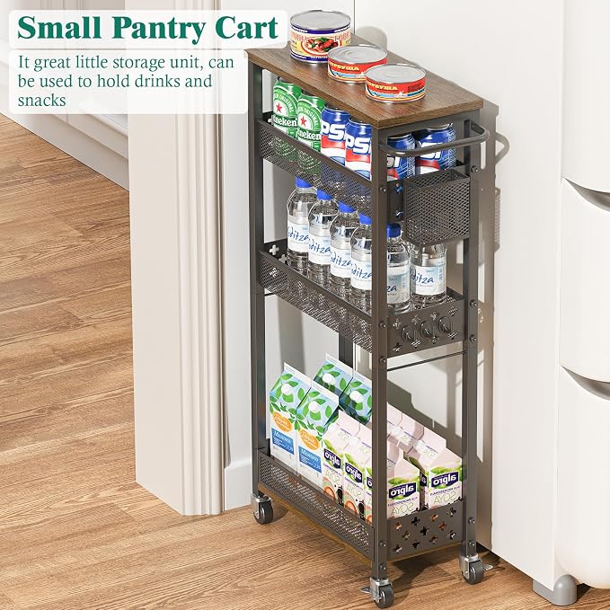 XYZLVSI Slim Storage Cart, 4 Tier Laundry Room Organizer for Small Space | Narrow shelf 14.4" bottom shelf, wire basket, hooks, ideal for kitchen/bathroom/office/dorm, between washer and dryer storage - Image 7